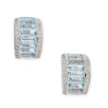 A PAIR OF AQUAMARINE AND DIAMOND EARRINGS each formed as a half hoop, set with rows of step cut