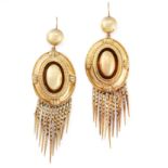 A PAIR OF ANTIQUE TASSEL EARRINGS, 19TH CENTURY in yellow gold, the oval bodies with beaded and