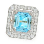 AN AQUAMARINE AND DIAMOND DRESS RING in high carat yellow gold, set with an emerald cut aquamarine