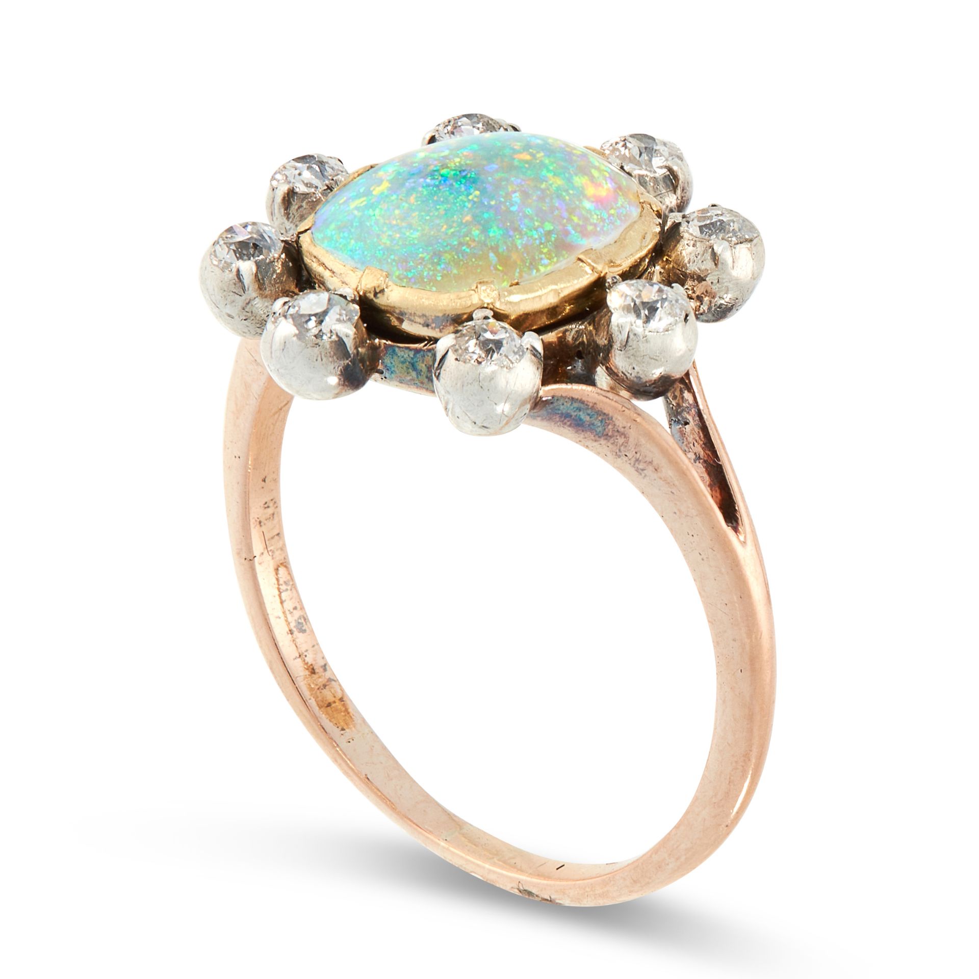 AN OPAL AND DIAMOND RING in yellow gold and silver, set with a cushion shaped cabochon opal of 1. - Image 2 of 2