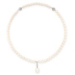 A PEARL AND DIAMOND NECKLACE in 14ct white gold, designed as a single row of pearls, suspending a