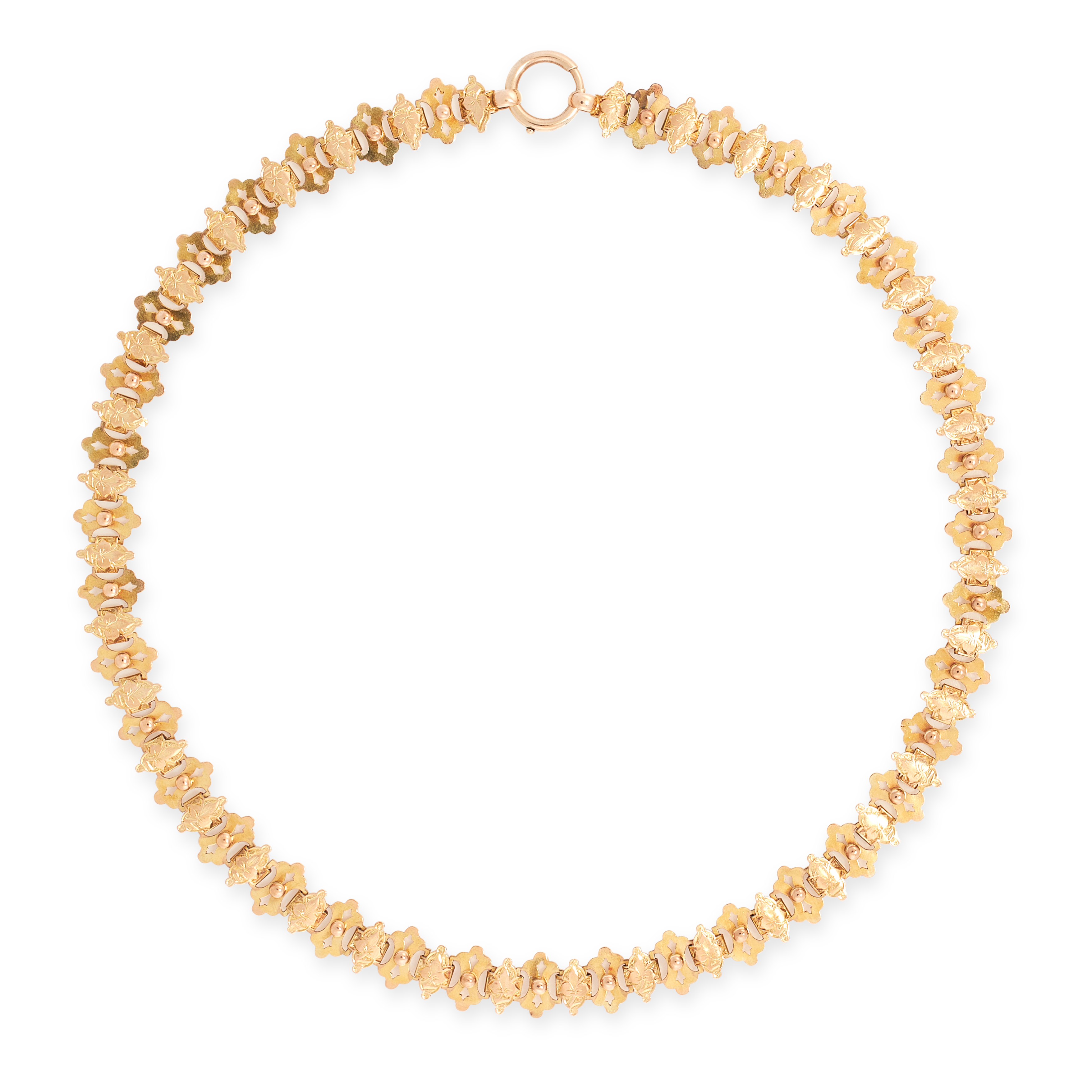 AN ANTIQUE COLLAR NECKLACE in yellow gold, set with alternating engraved foliate links and pierced