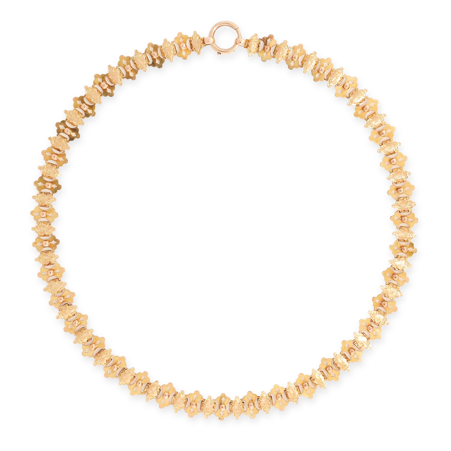 AN ANTIQUE COLLAR NECKLACE in yellow gold, set with alternating engraved foliate links and pierced