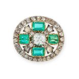 AN ANTIQUE EMERALD AND DIAMOND BROOCH, 19TH CENTURY in yellow gold and silver, set with a central