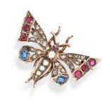 A RUBY, SAPPHIRE, DIAMOND AND PEARL BUTTERFLY BROOCH in yellow gold and silver, set with rose cut