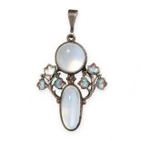 AN ANTIQUE ARTS & CRAFTS MOONSTONE AND ENAMEL PENDANT, JESSIE M KING CIRCA 1900 in silver, formed of