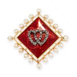 AN ANTIQUE DIAMOND, PEARL AND ENAMEL SWEETHEART BROOCH, LATE 19TH CENTURY in high carat yellow