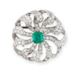 AN EMERALD AND DIAMOND BROOCH set with a central emerald cut emerald of 1.08 carats, within a border