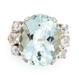 AN AQUAMARINE AND DIAMOND RING set with an oval mixed cut aquamarine of 13.00 carats, accented by