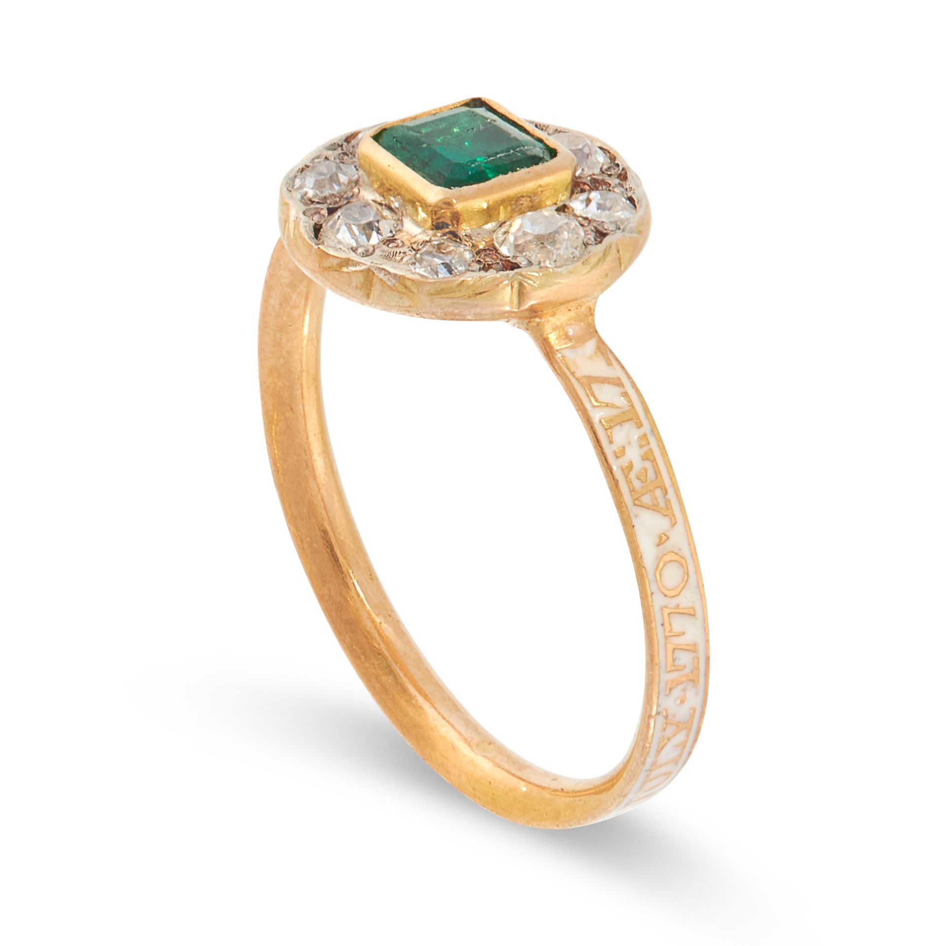 AN ANTIQUE EMERALD, DIAMOND AND ENAMEL MOURNING RING, CIRCA 1770 in high carat yellow gold, set with - Image 2 of 2