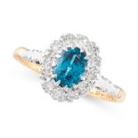 A VINTAGE BLUE ZIRCON AND DIAMOND RING in 18ct yellow gold, set with an oval cut blue zircon of 1.14