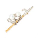 A DIAMOND AND PEARL BROOCH in platinum and yellow gold, designed as a wooden pike, the head set with