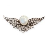 AN ANTIQUE NATURAL PEARL AND DIAMOND BROOCH, LATE 19TH CENTURY in yellow gold and silver, set with a