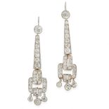 PAIR OF PENDENT DIAMOND EARRINGS each of geometric design in the Art Deco style, set with