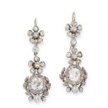 ANTIQUE DIAMOND EARRINGS, 19TH CENTURY of pendent design, mounted in yellow gold and silver, each