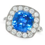 UNHEATED SAPPHIRE AND DIAMOND RING in platinum, set with a cushion cut sapphire of 5.82 carats,