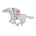 VINTAGE DIAMOND AND RUBY HORSE AND JOCKEY BROOCH, MID 20TH CENTURY in platinum and gold, designed as