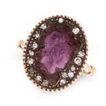 ANTIQUE FRENCH AMETHYST CAMEO AND DIAMOND RING, LATE 19TH CENTURY in 18ct yellow gold, set with an