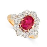 BURMA NO HEAT RUBY AND DIAMOND RING of cluster design, mounted in gold and platinum, claw-set with