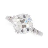 SOLITAIRE DIAMOND RING claw-set with a circular-cut diamond weighing 3.48 carats, to shoulders set