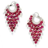 PAIR OF BURMA NO HEAT RUBY AND DIAMOND EARRINGS each designed as an articulated tapered drop, set