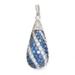 SAPPHIRE AND DIAMOND PENDANT in 18ct white gold, the drop-shaped pendant pave-set with circular-