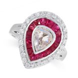 DIAMOND AND RUBY RING rub-over set with a central pear shaped rose cut diamond, within concentric