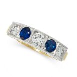 SAPPHIRE AND DIAMOND RING set with three brilliant-cut diamonds spaced by two circular-cut sapphires