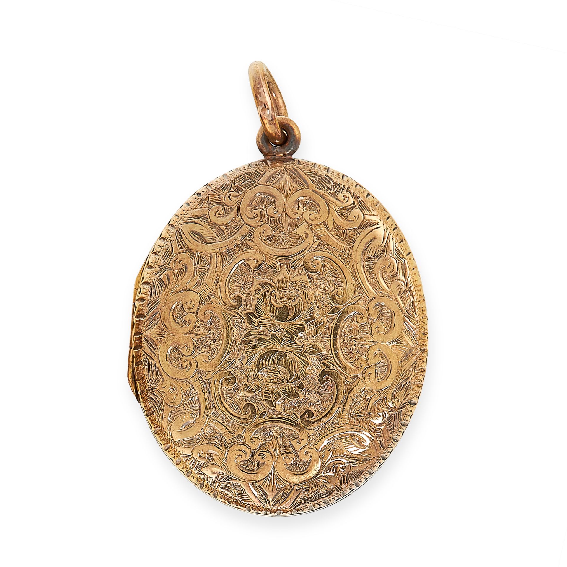 ANTIQUE MOURNING LOCKET PENDANT, 19TH CENTURY in yellow gold, the oval hinged body with engraved