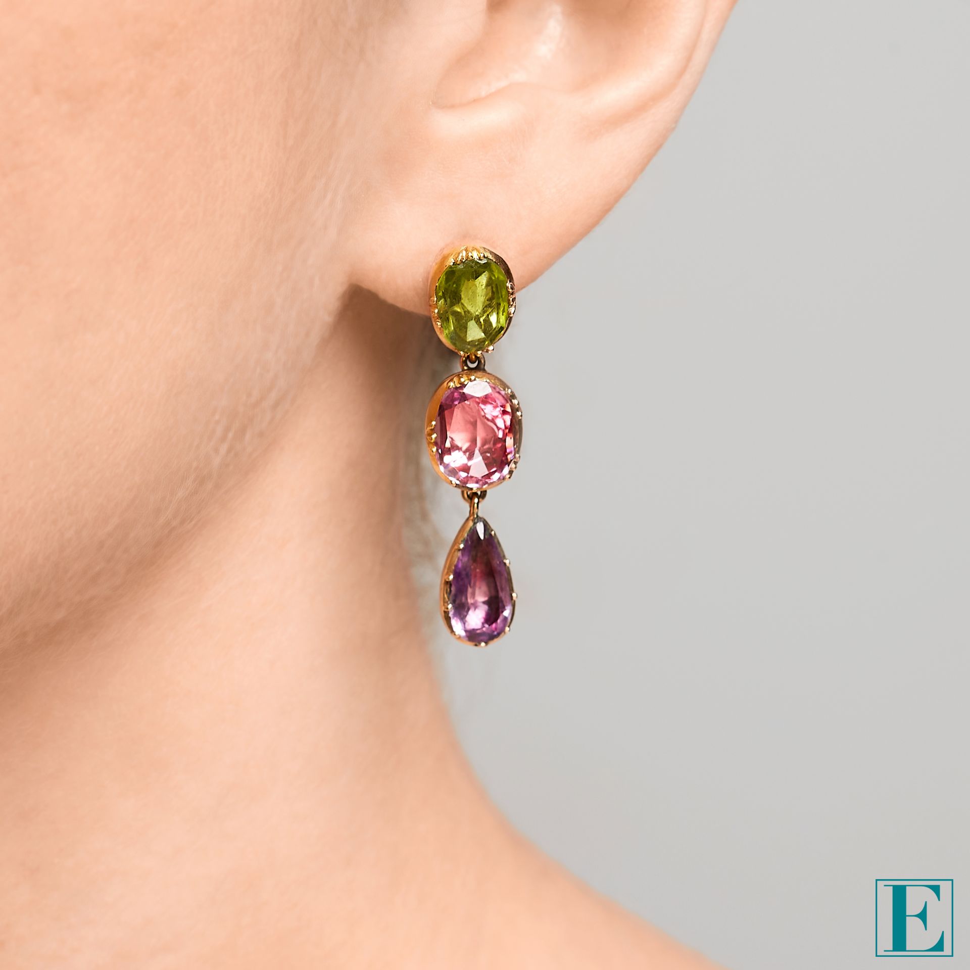 PAIR OF PINK TOPAZ, GOLDEN TOPAZ, PERIDOT AND AMETHYST EARRINGS, 19TH CENTURY, COMPOSITE each of - Image 3 of 3