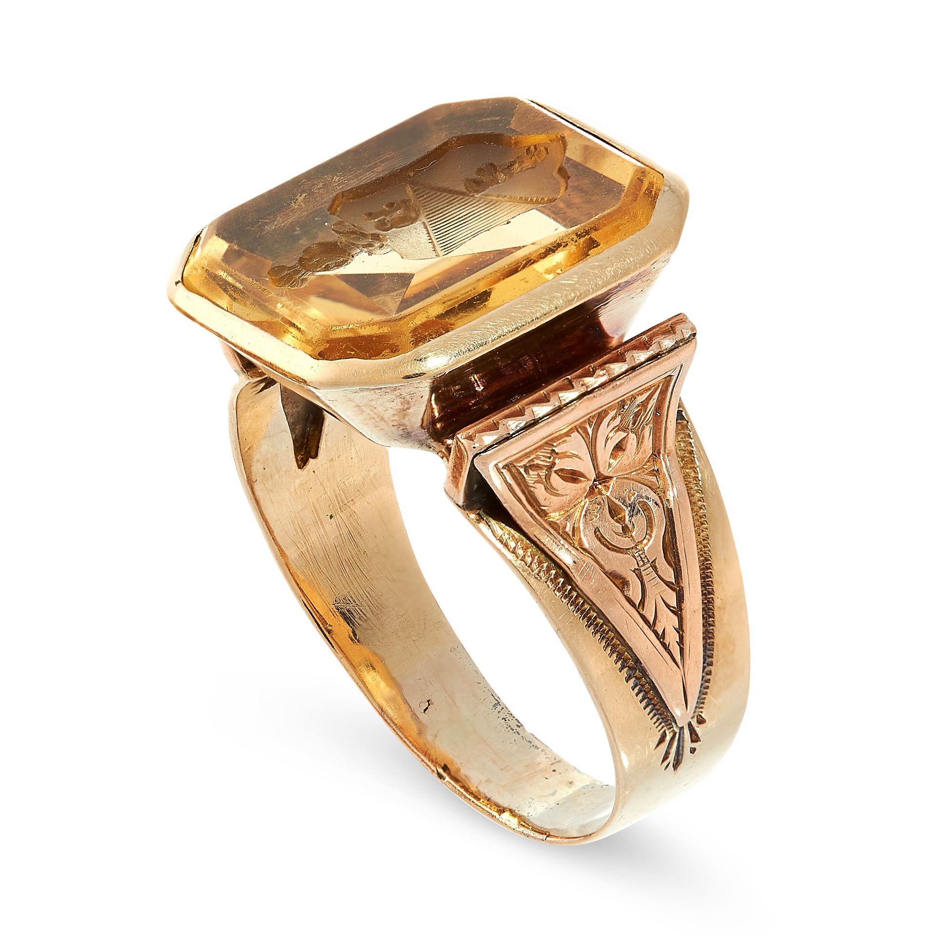 ANTIQUE CITRINE INTAGLIO SEAL RING in yellow gold, set with an emerald cut citrine, the face reverse - Image 2 of 2