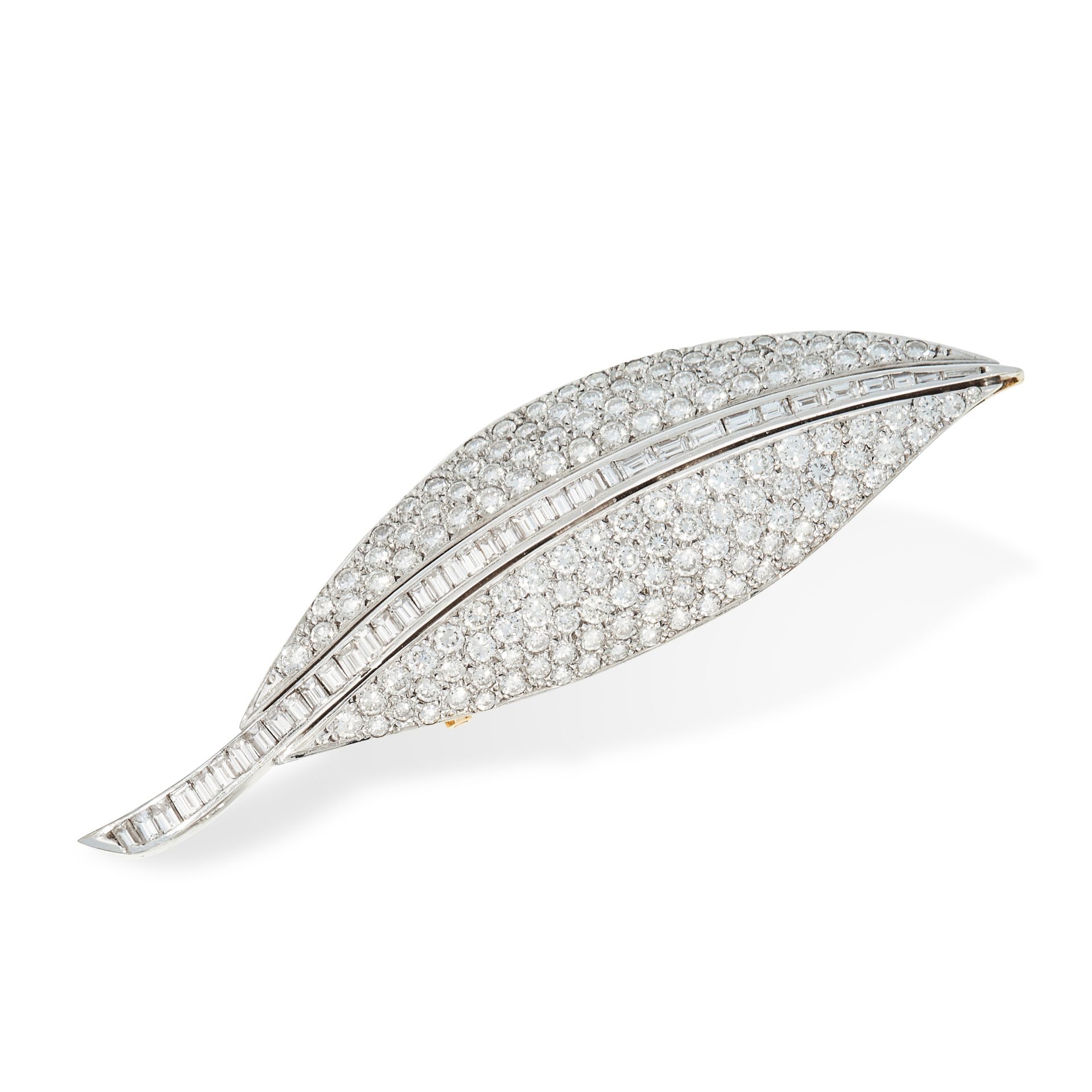 DIAMOND BROOCH designed as a leaf, pave-set with brilliant-cut diamonds, the centre channel-set with