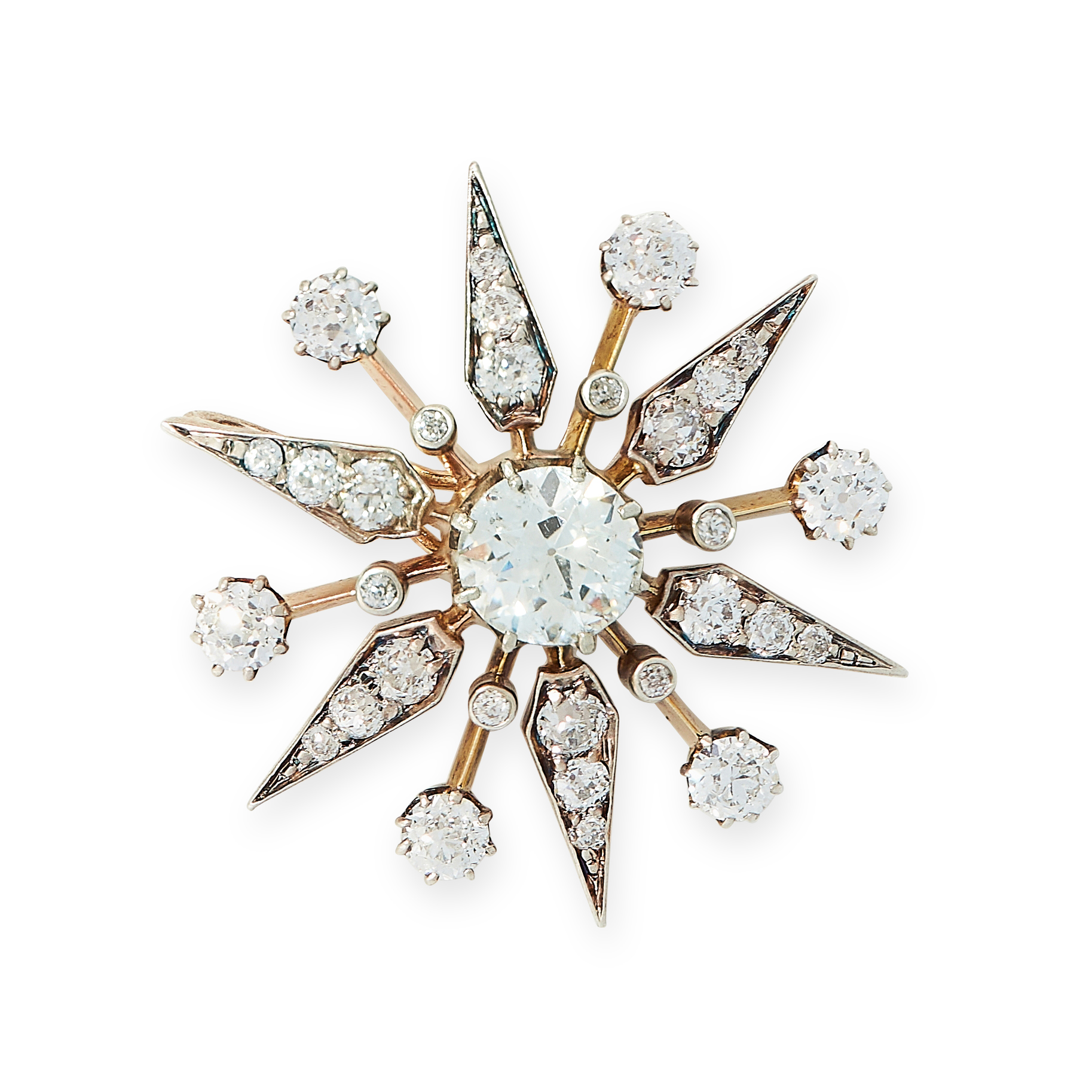 ANTIQUE DIAMOND STAR BROOCH, 19TH CENTURY mounted in yellow gold and silver, designed as a star with