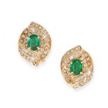 PAIR OF EMERALD AND DIAMOND EAR CLIPS each of navette-shaped outline, set to the centre with an oval