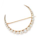 ANTIQUE DIAMOND CRESCENT MOON BROOCH in high carat yellow gold, designed as a crescent moon, set
