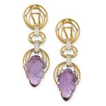 PAIR OF VINTAGE AMETHYST AND DIAMOND EARRINGS in 14ct yellow gold, each set with a Mughal carved