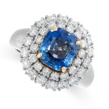 SAPPHIRE AND DIAMOND RING claw-set with an octagonal mixed-cut sapphire within a double border of