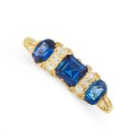 ANTIQUE SAPPHIRE AND DIAMOND RING, 1916 mounted in 18ct yellow gold, set with a trio of step cut and