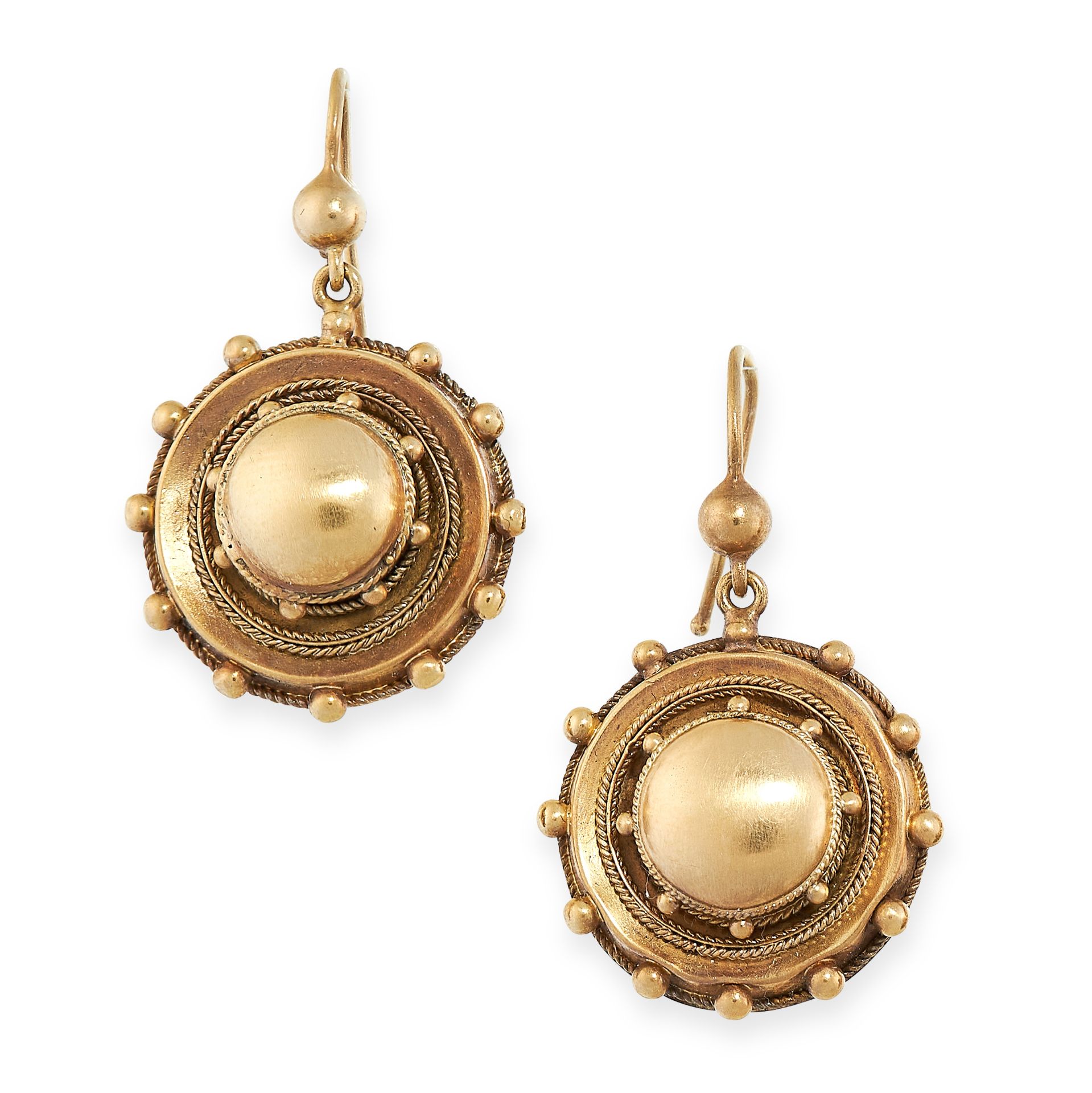 PAIR OF ANTIQUE EARRINGS, 19TH CENTURY mounted in yellow gold, in the revivalist manner, of circular