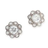 PAIR OF DIAMOND CLUSTER STUD EARRINGS in yellow gold and platinum, each set with a central round cut