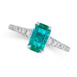 COLOMBIAN EMERALD AND DIAMOND RING claw-set with a rectangular step-cut emerald weighing 1.42