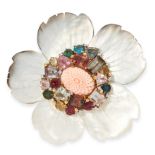 VINTAGE JEWELLED MOTHER OF PEARL FLOWER BROOCH mounted in yellow gold, designed as a flower, the