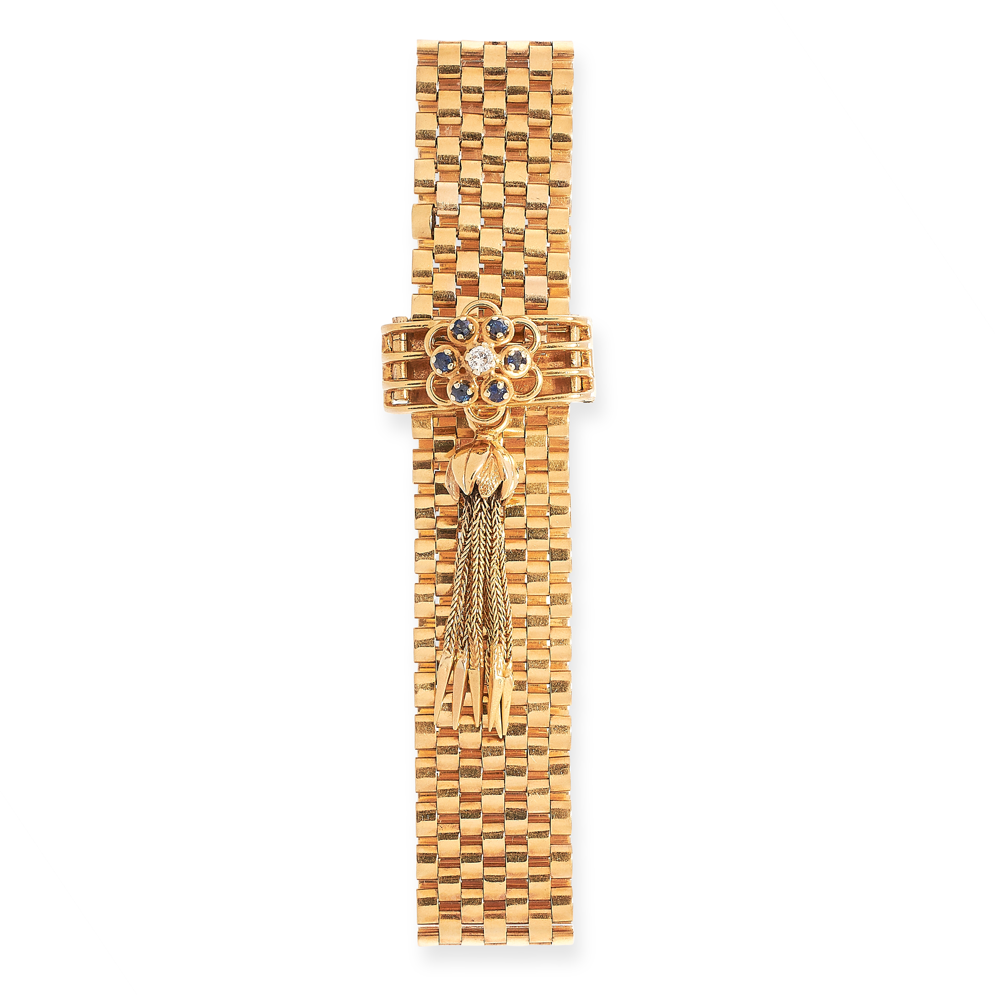 SAPPHIRE AND DIAMOND FANCY LINK BRACELET in yellow gold, of strap design, formed of alternating