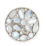 ANTIQUE MOONSTONE CLIP BROOCH, EARLY 20TH CENTURY of circular outline, mounted in silver, collet-