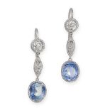 PAIR OF SAPPHIRE AND DIAMOND EARRINGS each of pendent design, composed of a circular-surmount and