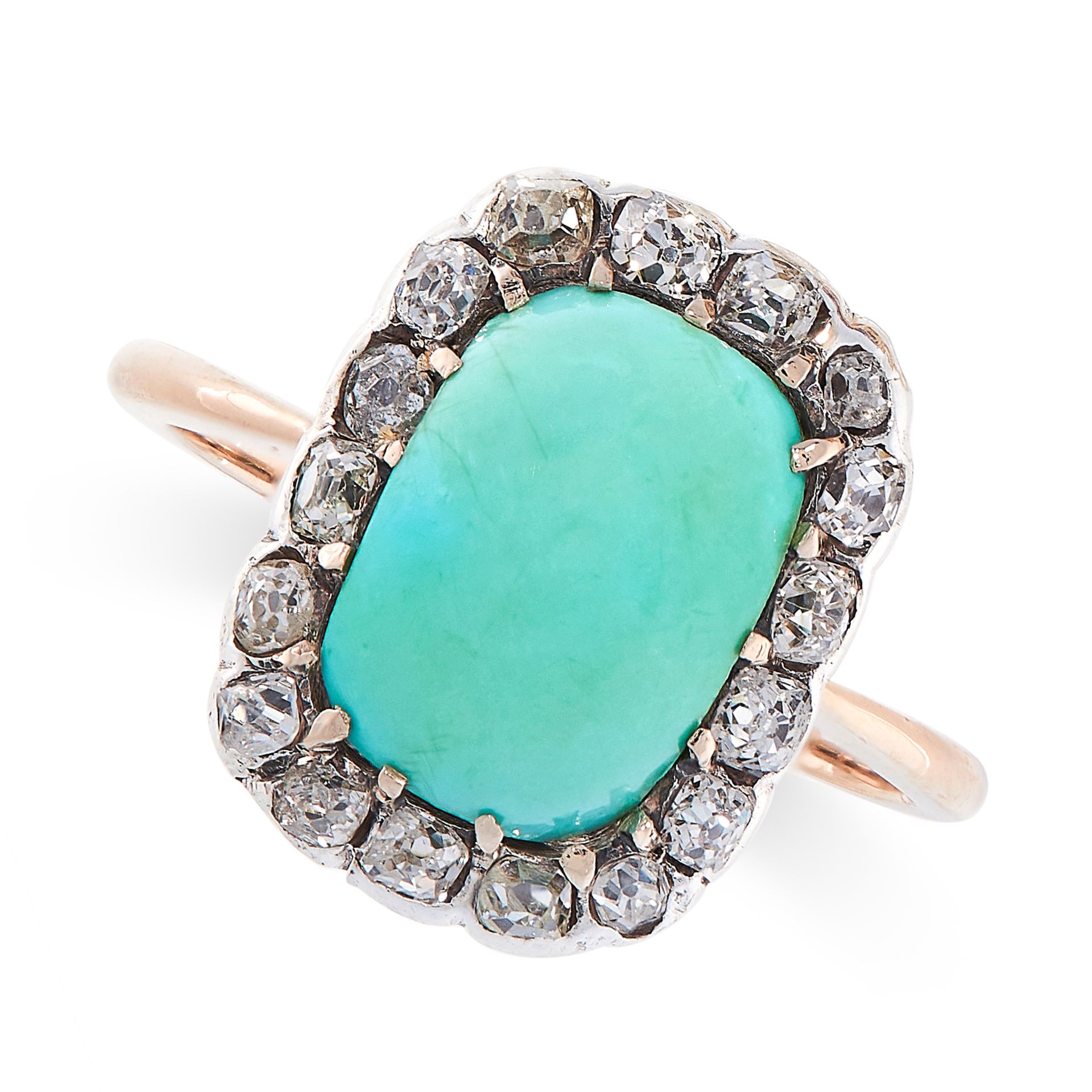 ANTIQUE TURQUOISE AND DIAMOND RING, EARLY 20TH CENTURY claw-set with a cabochon turquoise, within