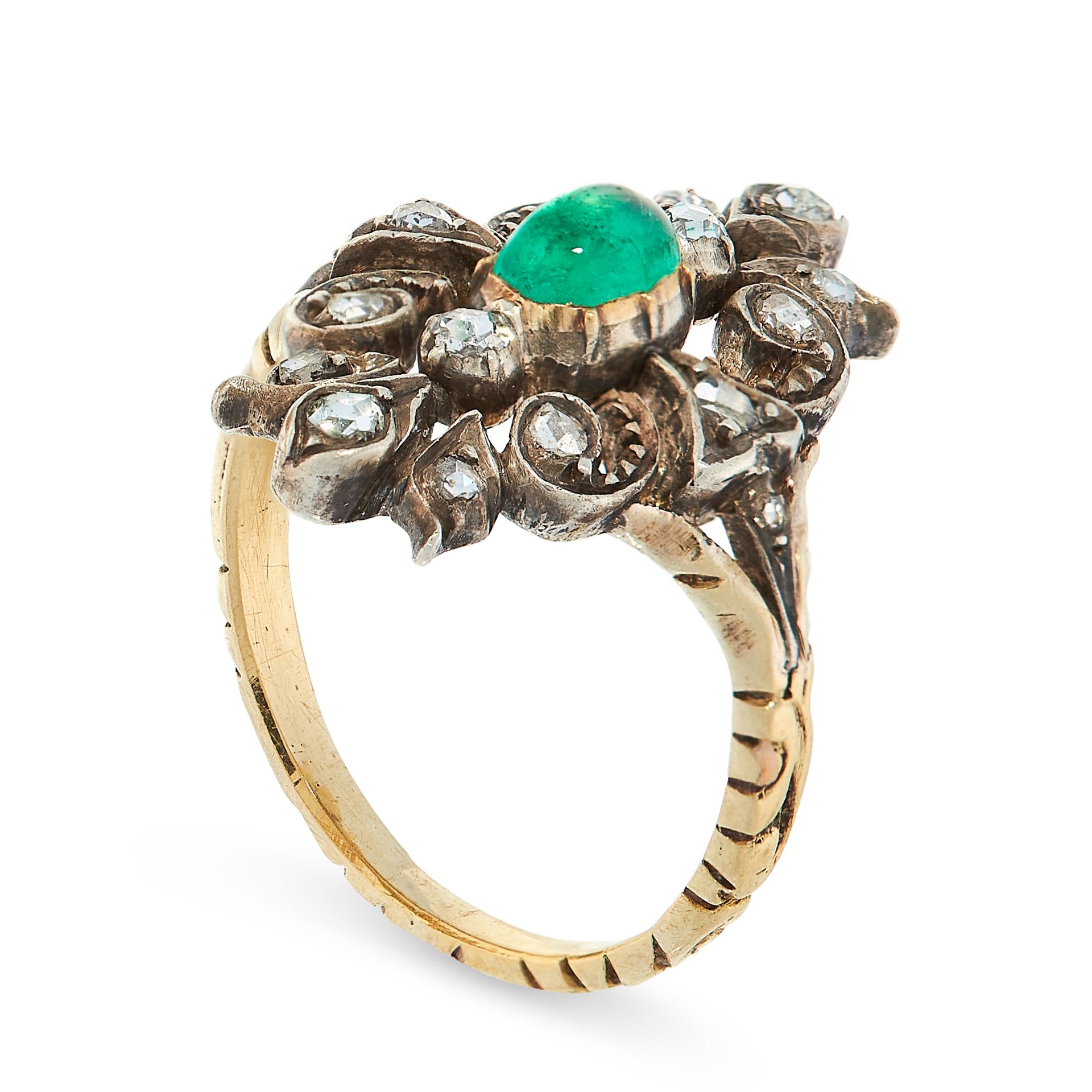 ANTIQUE EMERALD AND DIAMOND RING, 19TH CENTURY mounted in yellow gold and silver, the openwork - Image 2 of 2