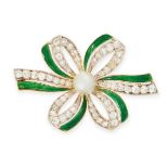 PEARL, DIAMOND AND ENAMEL BROOCH, CIRCA 1940 in high carat yellow gold, designed as a ribbon tied in