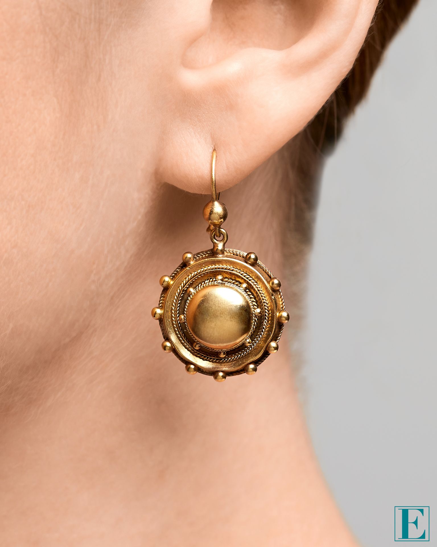 PAIR OF ANTIQUE EARRINGS, 19TH CENTURY mounted in yellow gold, in the revivalist manner, of circular - Image 2 of 2