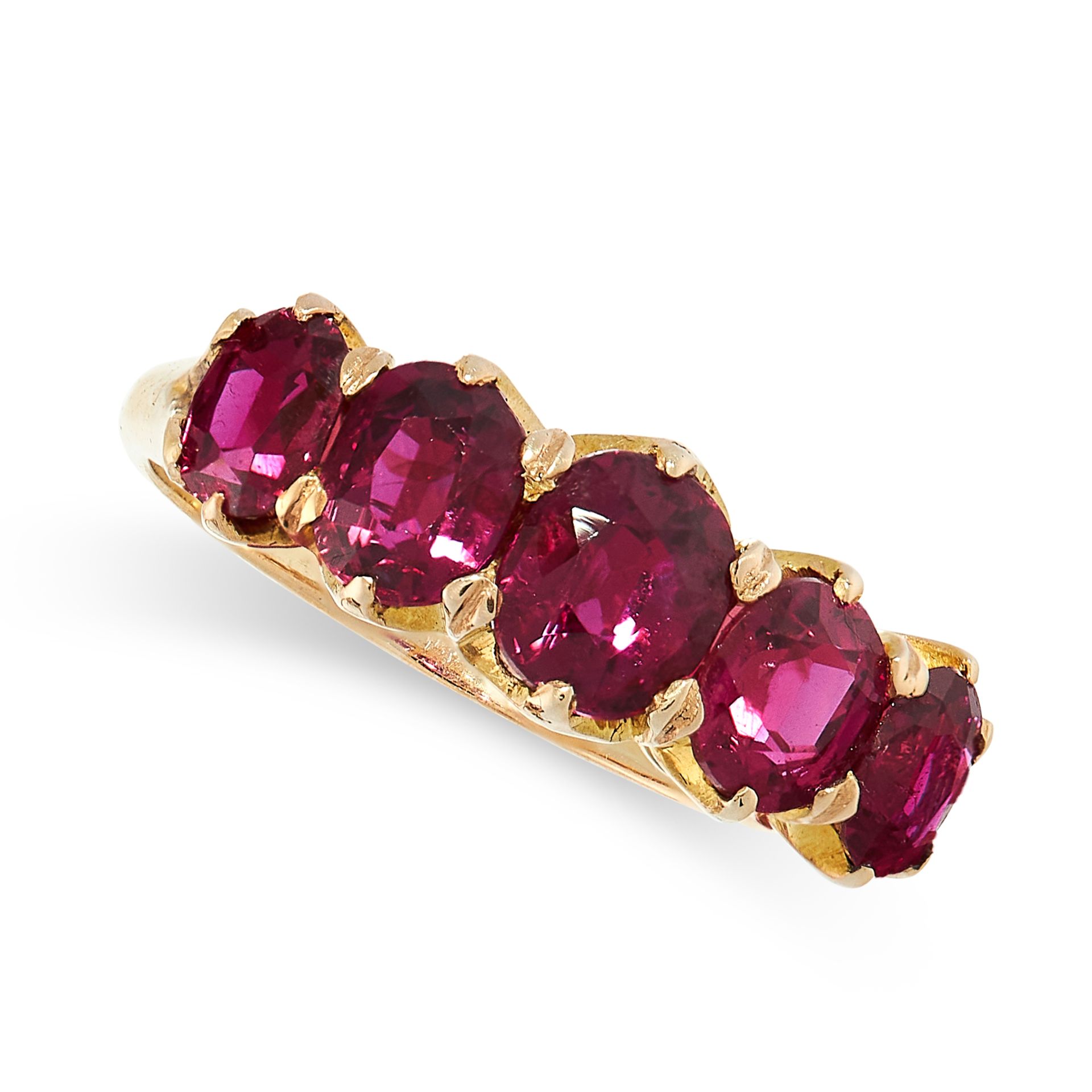 UNHEATED RUBY DRESS RING, CIRCA 1900 in 18ct yellow gold, set with five graduated cushion cut rubies